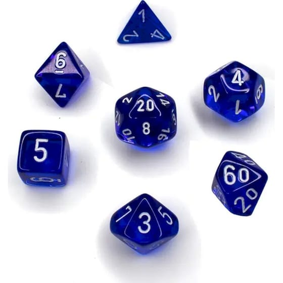 Σετ 7 Διαφανών Πολύεδρων Ζαριών Chessex για Επιτραπέζια Παιχνίδια - Μπλε/Λευκό image 0
