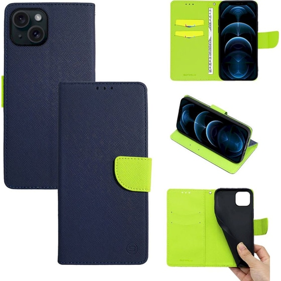 Θήκη Apple iPhone 15 - Sonique Trend Book - Σκούρο Μπλε/Λαχανί image 0