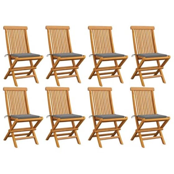 Vidaxl Καρέκλες Κήπου 8 Τεμ. Μασίφ Ξύλο Teak Με Γκρι Μαξιλάρια image 1