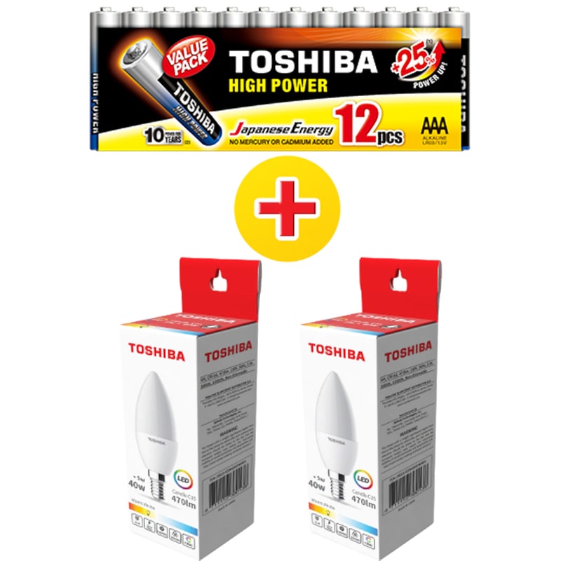 TOSHIBA Λάμπα Toshiba LED C35 E14 5W - 2 τμχ + Αλκαλικές Μπαταρίες Toshiba High Power AAA 1.5V - 12 τμχ