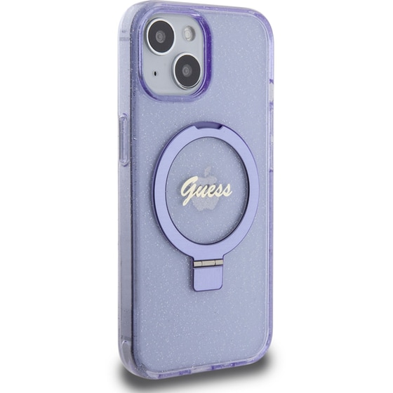Θήκη Apple iPhone 15 - Guess Magsafe Ring Stand Glitter Hard Case Script Logo - Διάφανο/Μωβ image 4