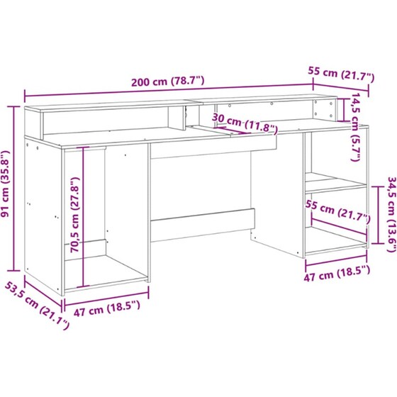 Γραφείο VidaXL με LED από Επεξεργασμένο Ξύλο 200x55x91 cm - Όψη Παλαιού Ξύλου image 10