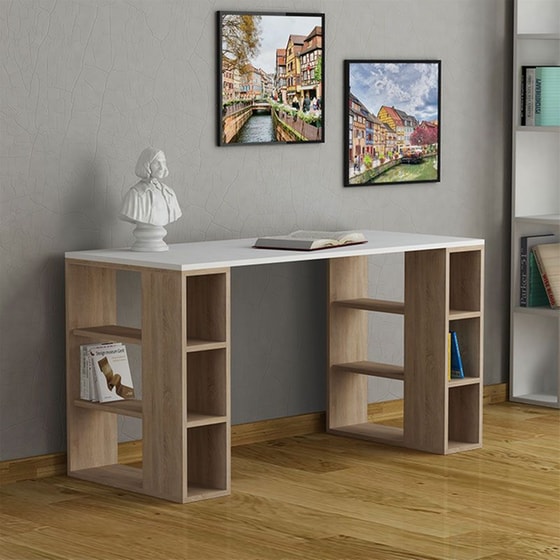 Γραφείο Βιβλιοθήκη Pakoworld Colmar από Μοριοσανίδα 140x60x75 cm - Καφέ/Λευκό image 1