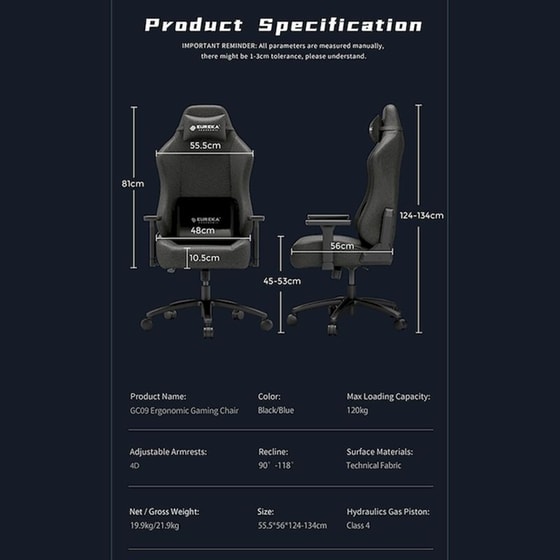 Gaming Καρέκλα Eureka Ergonomic ERK-GC09-B Υφασμάτινη - Μαύρη image 4