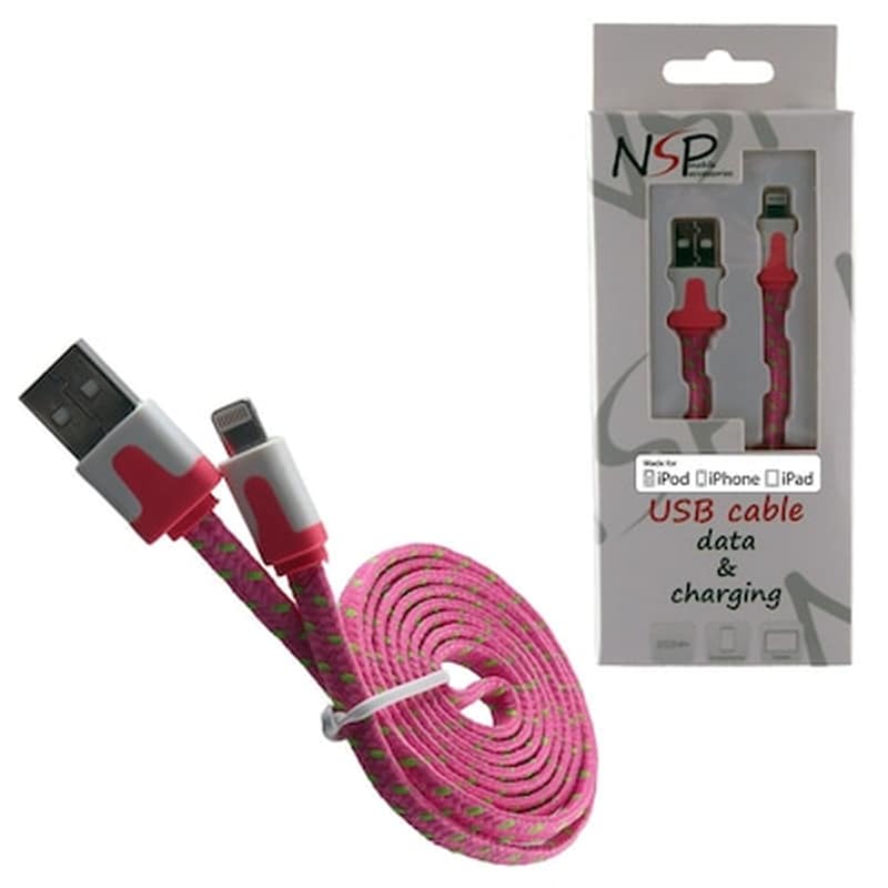 Καλώδιο δεδομένων Nsp Flat Braided Lightning 2.1A 1m - Pink