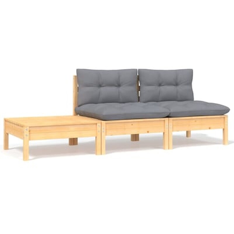 Σαλόνι Κήπου VidaXL Σετ 3 τμχ με Μαξιλάρια από Μασίφ Ξύλο Πεύκου 63,5x63,5x 62,5 cm - Γκρι VIDAXL