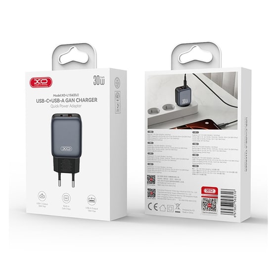Φορτιστής Πρίζας XO L156 χωρίς Καλώδιο USB-A & USB-C 30W Quick Charge 3.0 - Μαύρο image 4