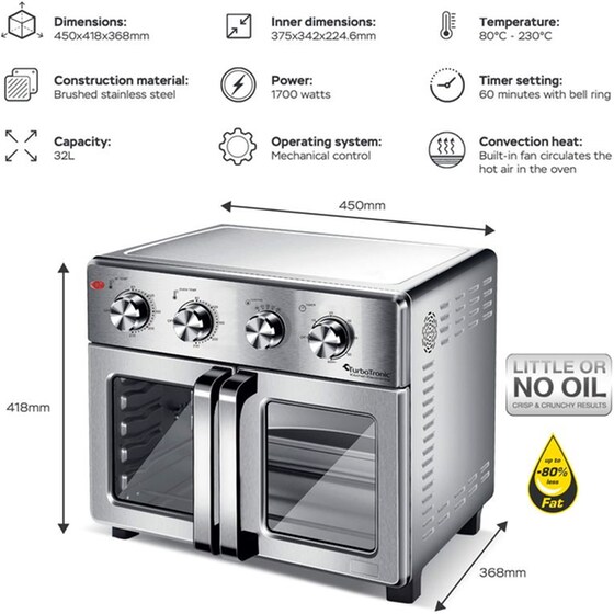 TURBOTRONIC TT-AF32MFD airchef Pro 32 Lt Ασημί Ηλεκτρικό Φουρνάκι image 6