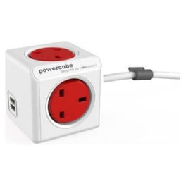 Πολύπριζο Allocacoc Powercube Extended 4 Θέσεων UK με 2 Usb - Λευκό/Κόκκινο
