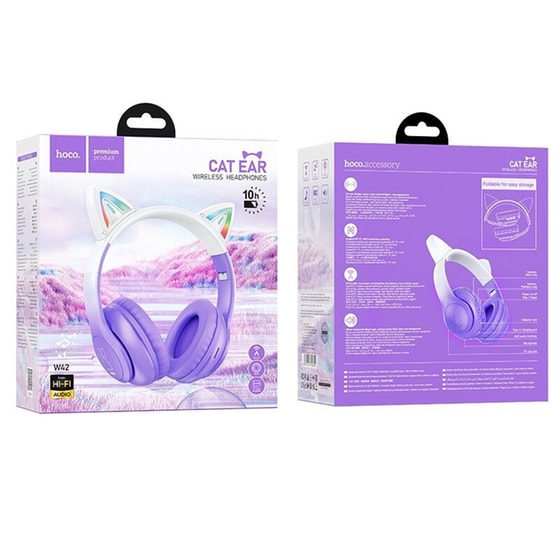 Wireless Ακουστικά Stereo Hoco W42 Cat Ears 400mah Micro Sd Και Aux Purple Grape image 1