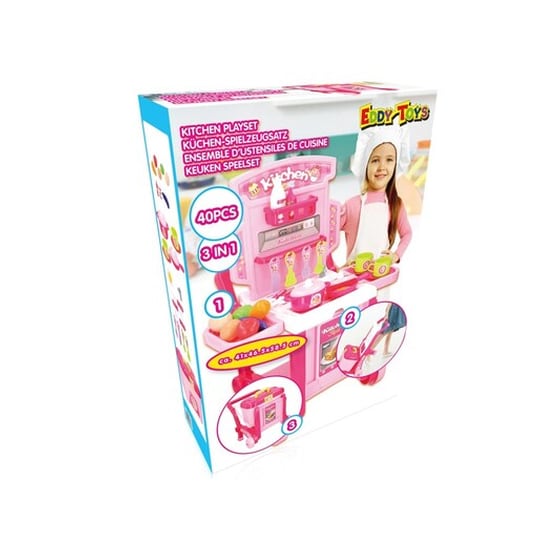 Eddy Toys Παιδική Κουζίνα Καρότσι Με Βαλιτσάκι 3 Σε 1 Σε Ροζ Χρώμα, 41x46.5x58.5 Cm image 1