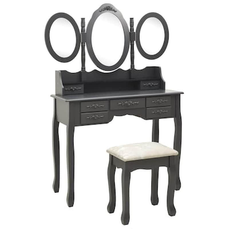 Vidaxl Μπουντουάρ Με Σκαμπό Και Αναδιπλούμενο Τριπλό Καθρέφτη Γκρι