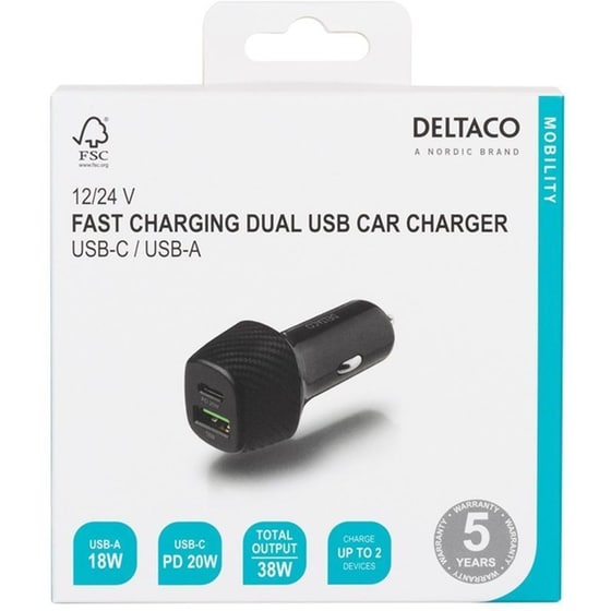 Φορτιστής Αυτοκινήτου Deltaco USBC-CAR120 1x USB-A 18W/1x USB-C 18W - Μαύρο image 2