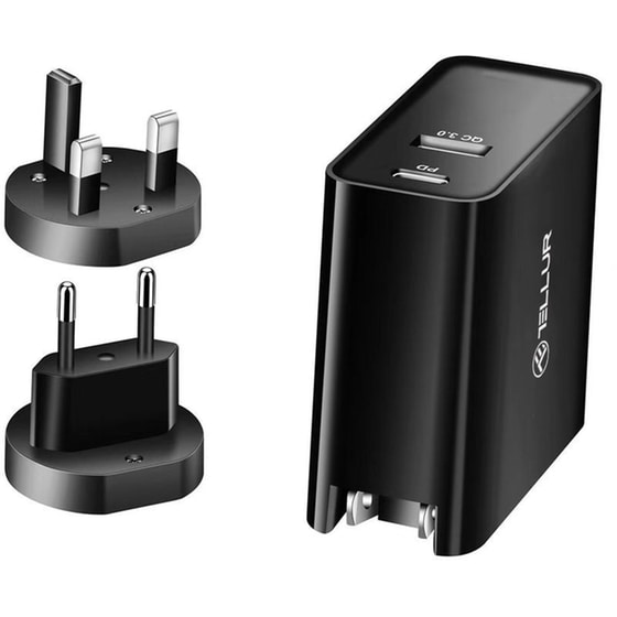 Φορτιστής Πρίζας Tellur PDHC1 1x USB-C, 1x USB-A 48W - Black (US, EU, UK) image 1