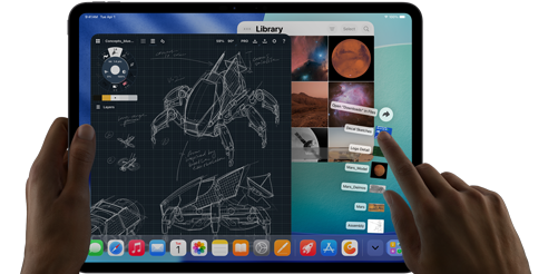 iPad Pro, space black color, left hand holding device, right hand pointing gesturing to manipulate multiple open app windows, a drawing app with sketches of mechanical designs, photos library of planets and space https://external.webstorage.gr/new-ipad-pdp/images, downloads folder files fanned out
