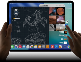 iPad Pro, space black color, left hand holding device, right hand pointing gesturing to manipulate multiple open app windows, a drawing app with sketches of mechanical designs, photos library of planets and space https://external.webstorage.gr/new-ipad-pdp/images, downloads folder files fanned out