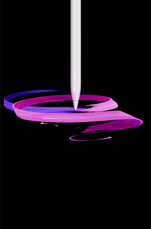 Apple Pencil Pro, front exterior, portrait orientation, side profile, white color, drawing abstract purple and pink ribbons design